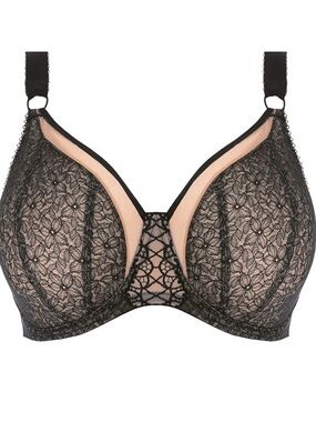 Elomi Sadie Underwire Balcony Bra Black Lace Beige Mesh Lining Semi Sheer Floral